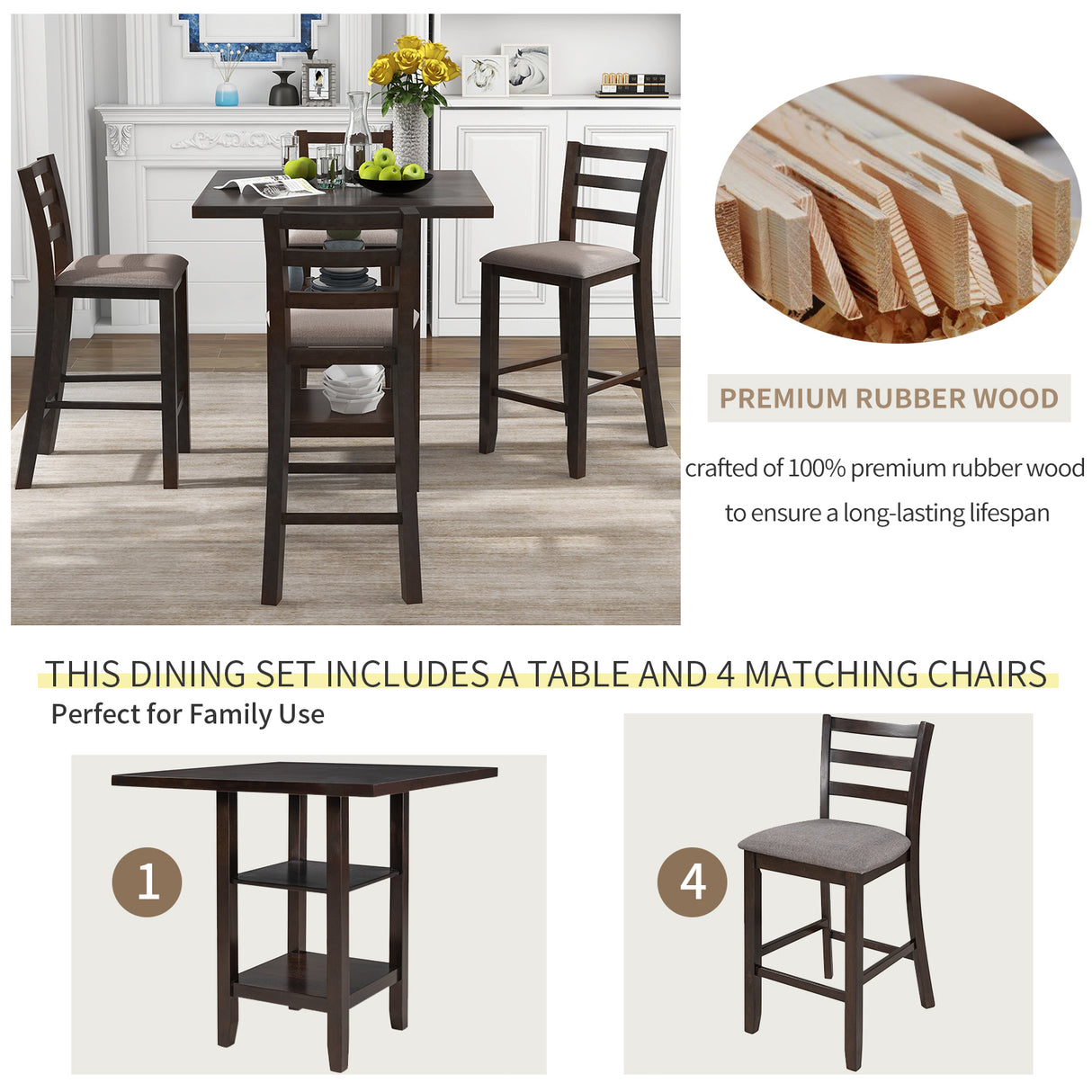 TREXM 5-Piece Wooden Counter Height Dining Set with Padded Chairs and Storage Shelving (Espresso) - Home Elegance USA