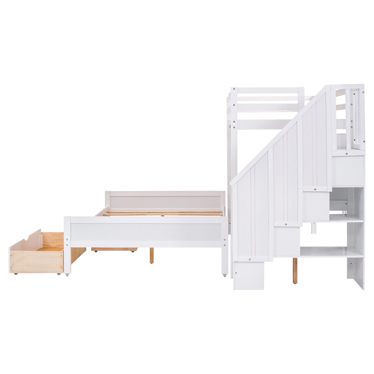 Twin XL over Full Bunk Bed with Built-in Storage Shelves, Drawers and Staircase,White - Home Elegance USA