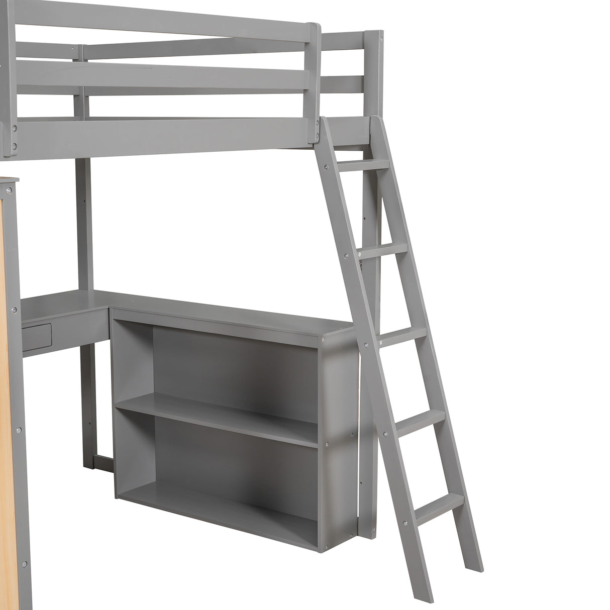 Full Size Loft Bed with Ladder, Shelves, and Desk, Gray - Home Elegance USA