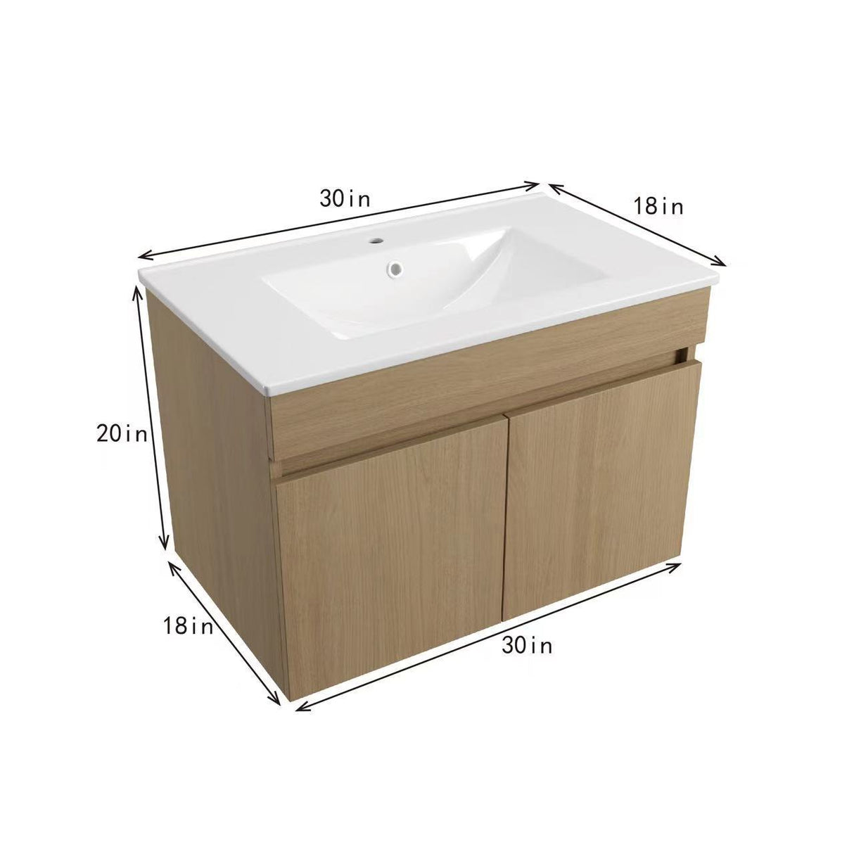30 Inch Wall Mounted Bathroom Vanity with White Ceramic Basin,Two Soft  Close Cabinet Doors, Solid Wood,Excluding faucets,Light Oak