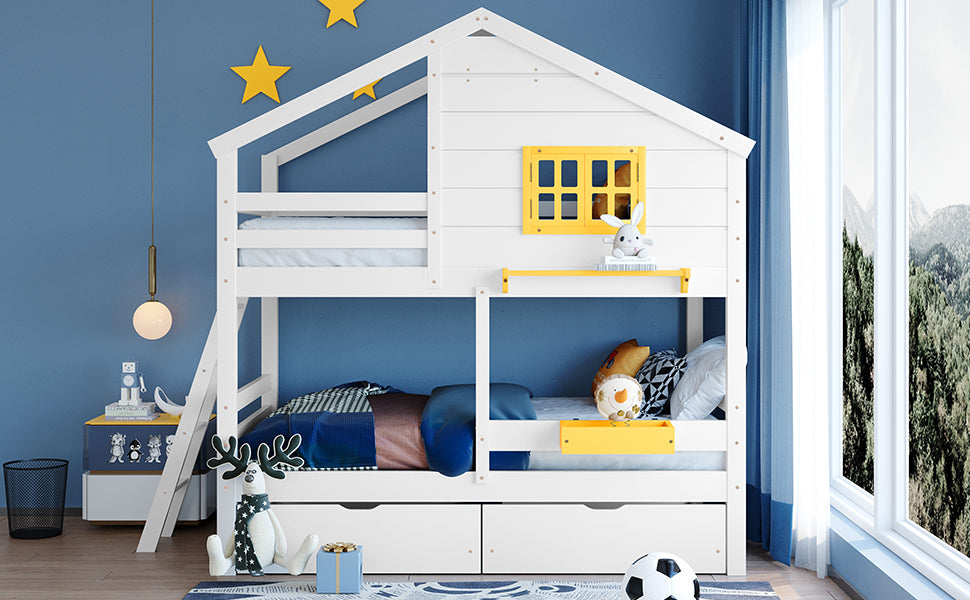 Twin over Twin Bunk Bed with 2 Drawers, 1 Storage Box, 1 Shelf, Window and Roof-White(OLD SKU:LT000608AAK) - Home Elegance USA