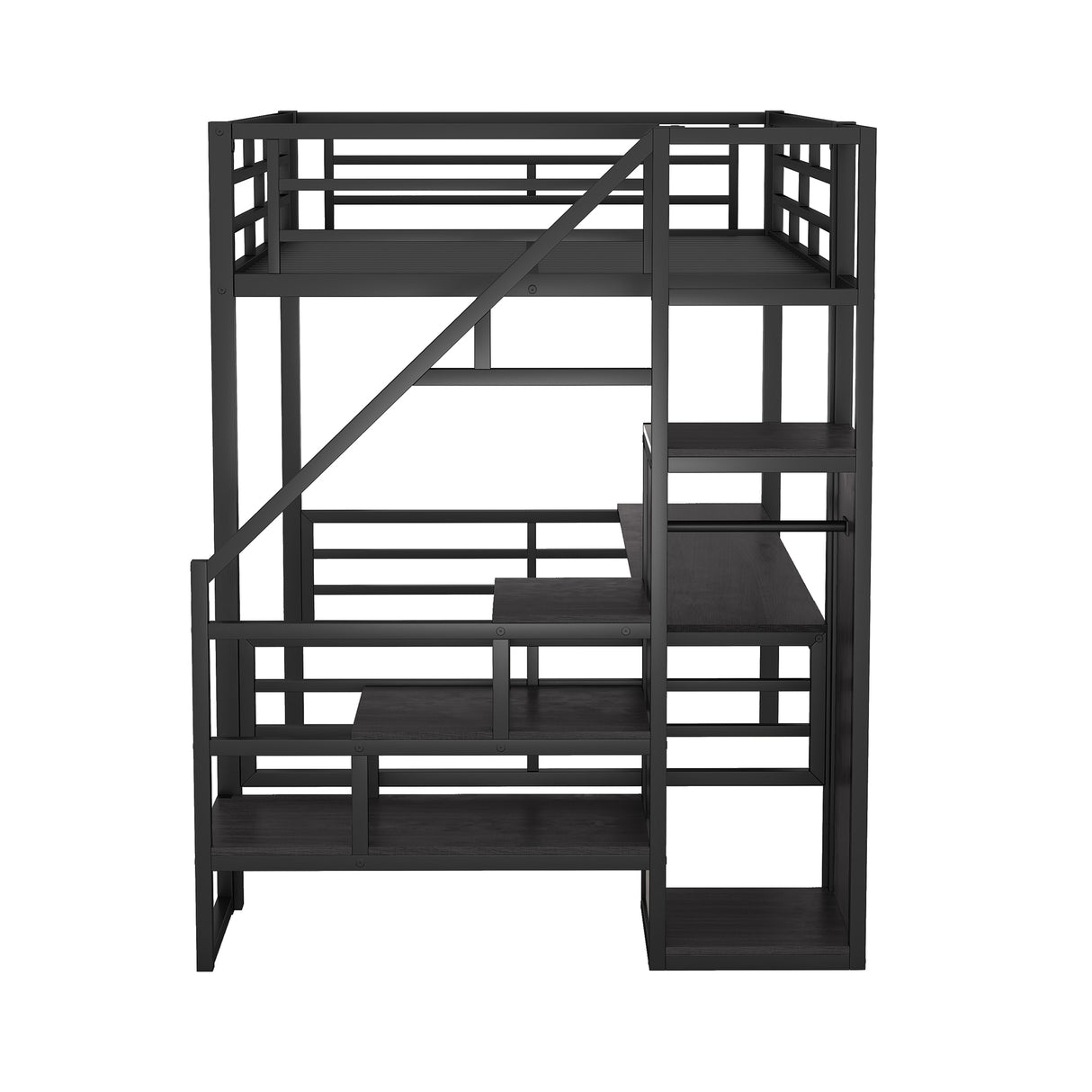 Full Size Metal Loft Bed with Desk, Storage Staircase and Small Wardrobe, Storage stairs can be installed left and right,Black - Home Elegance USA