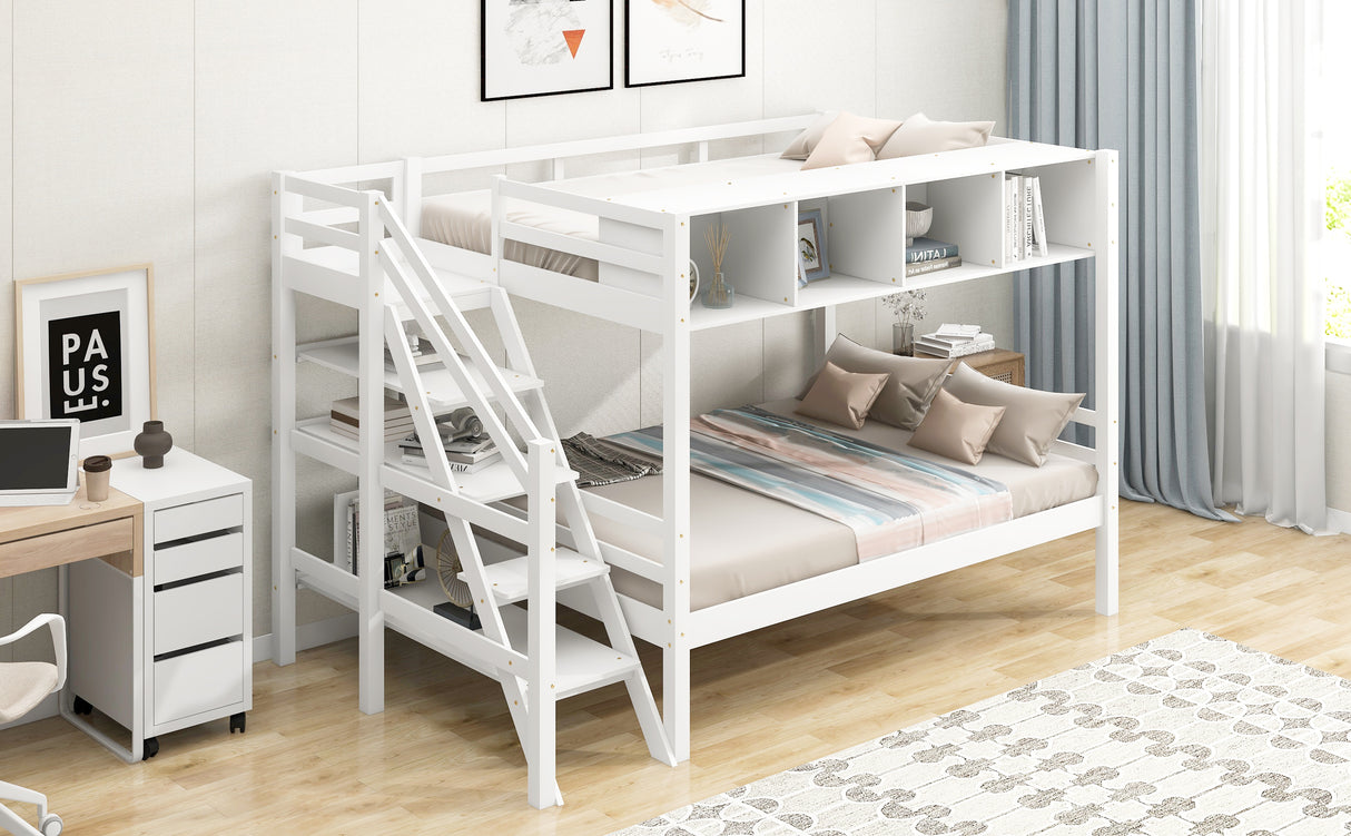 Twin over Full Bunk Bed with Staircase and Built-in Storage Cabinets,White - Home Elegance USA