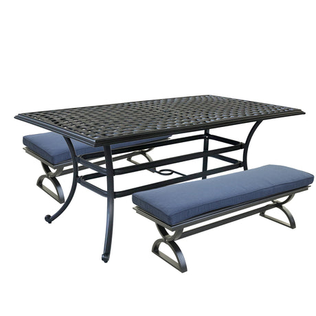3 Piece Aluminum Dining Set, Rectangular table and Benches, Navy Blue
