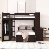 Full size Loft Bed with a twin size Stand-alone bed, Shelves,Desk,and Wardrobe-Espresso - Home Elegance USA
