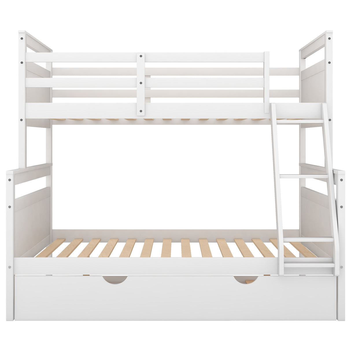 Twin over Full Bunk Bed with Ladder, Twin Size Trundle, Safety Guardrail, White - Home Elegance USA