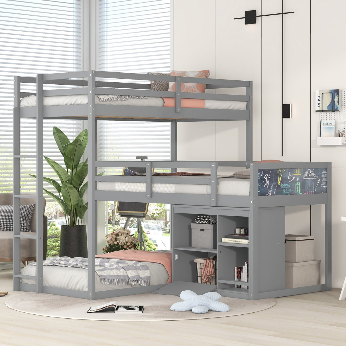 L-shaped Wood Triple Twin Size Bunk Bed with Storage Cabinet and Blackboard, Ladder, Gray - Home Elegance USA