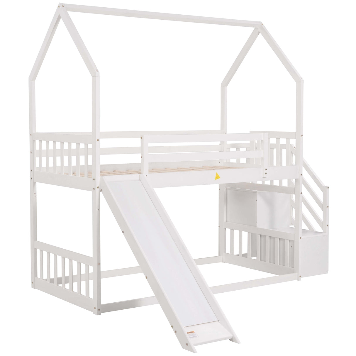 Twin over Twin House Bunk Bed with Convertible Slide,Storage Staircase,White - Home Elegance USA