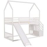 Twin over Twin House Bunk Bed with Convertible Slide,Storage Staircase,White - Home Elegance USA