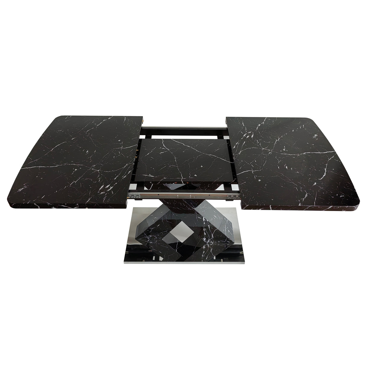 Modern Square Dining Table,Stretchable,Printed Black Marble Table Top+MDF X-Shape Table Leg with Metal Base - Home Elegance USA