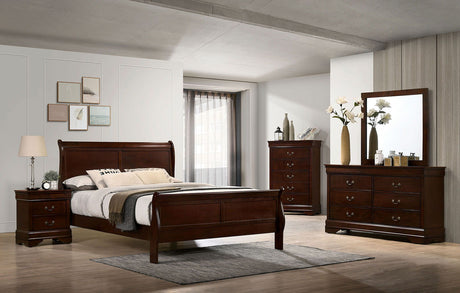 Louis Philippe - Queen Bed & 1 Nightstand & Dresser & Mirror & Chest - Cherry - Home Elegance USA