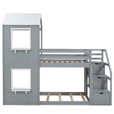 Twin Over Twin Bunk Bed with Storage Stairs,Wood Bed with Roof, Window, Guardrail, Ladder，Gray+White - Home Elegance USA