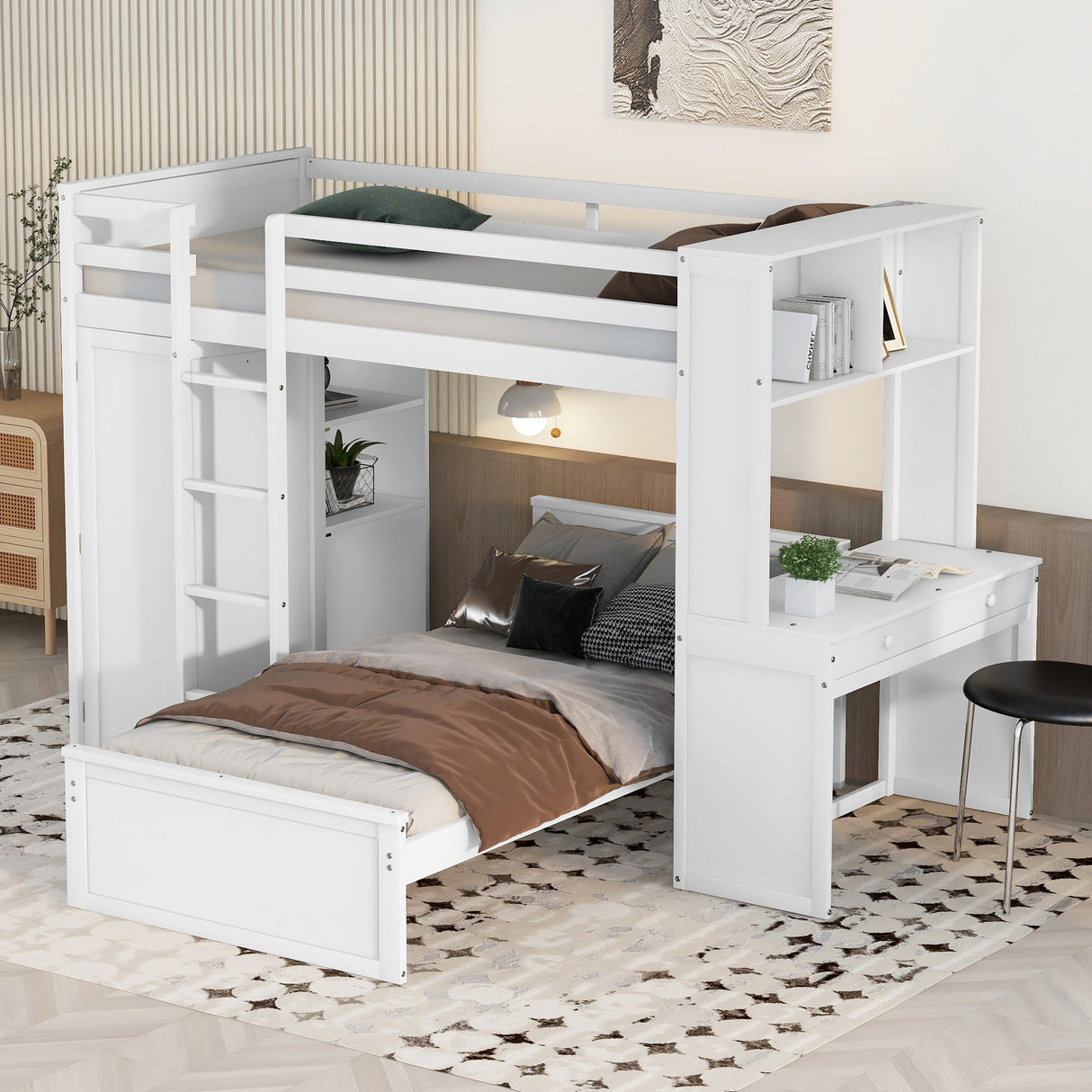 Twin size Loft Bed with a Stand-alone bed, Shelves,Desk,and Wardrobe-White - Home Elegance USA