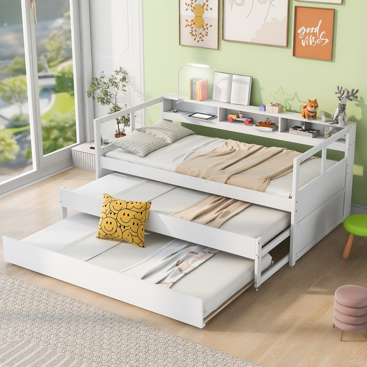 Twin XL Wood Daybed with 2 Trundles, 3 Storage Cubbies, 1 Light for Free and USB Charging Design, White - Home Elegance USA