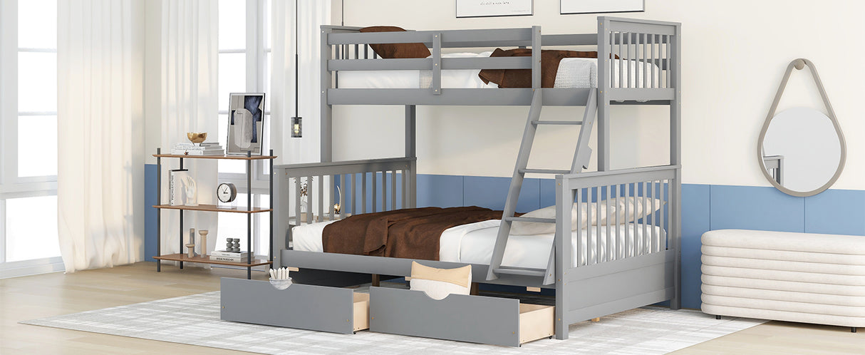 Twin-Over-Full Bunk Bed with Ladders and Two Storage Drawers(Gray)( old sku:LT000165AAE） - Home Elegance USA