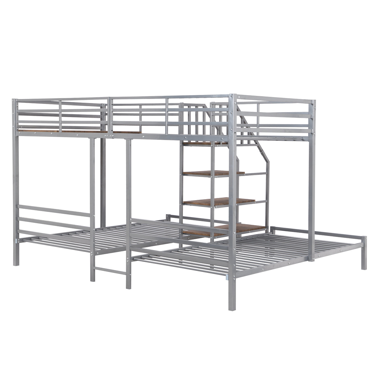 Metal Twin over Twin & Twin Bunk Bed, Triple Bunk Bed with Storage Shelves Staircase, Silver - Home Elegance USA