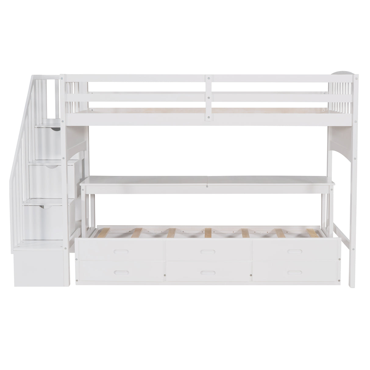 Stairway Twin XL Loft Bed with Twin Size Trundle and 3 Drawers, Storage, Desk, White - Home Elegance USA