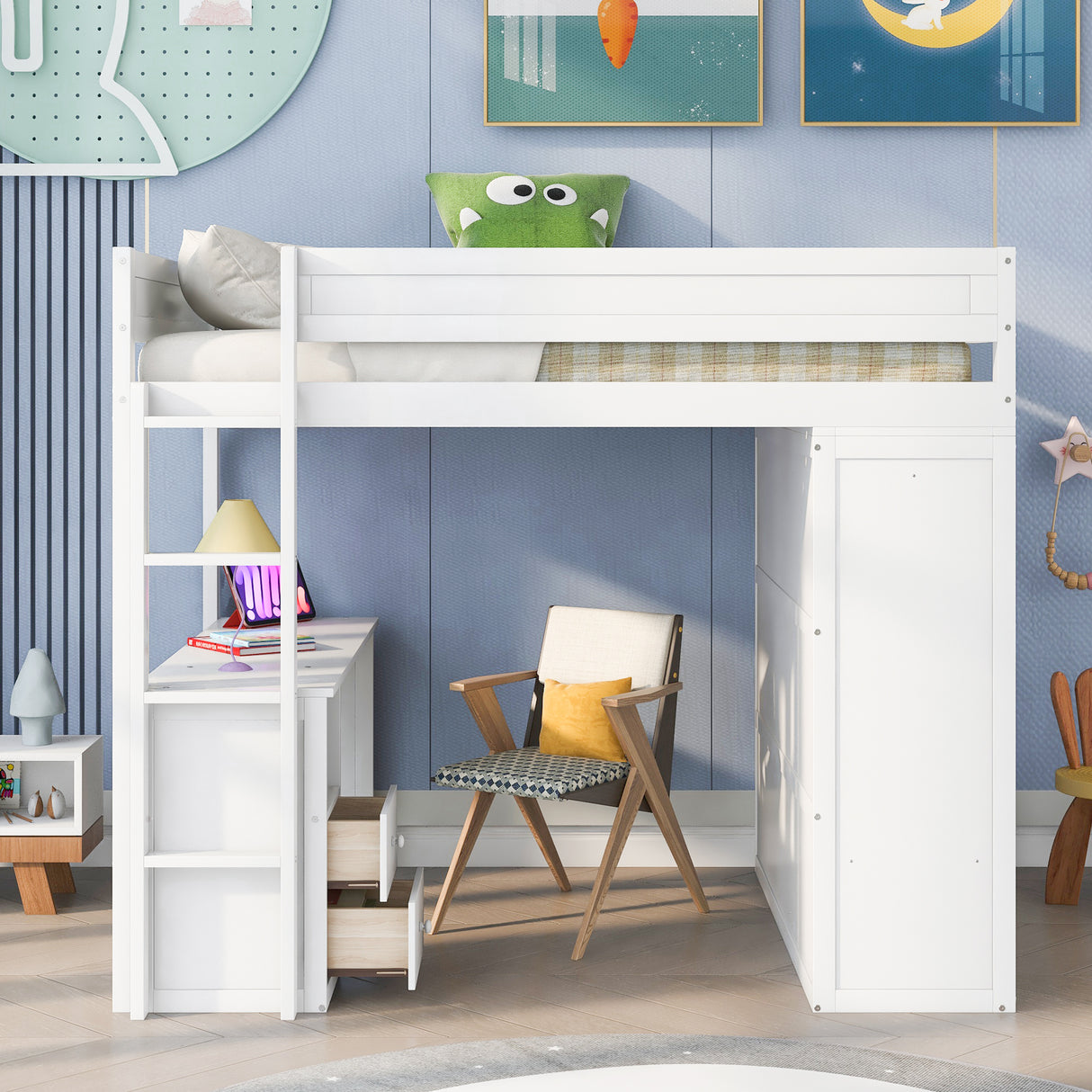 Wood Full Size Loft Bed with Wardrobes and 2-Drawer Desk with Cabinet, White - Home Elegance USA