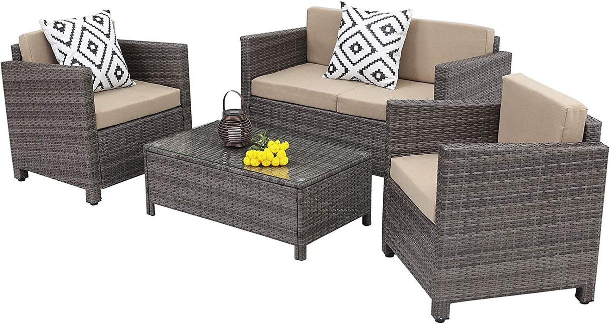 4-Pieces Outdoor Patio Furniture Set, PE Rattan Wicker in Grey with Beige Cushions