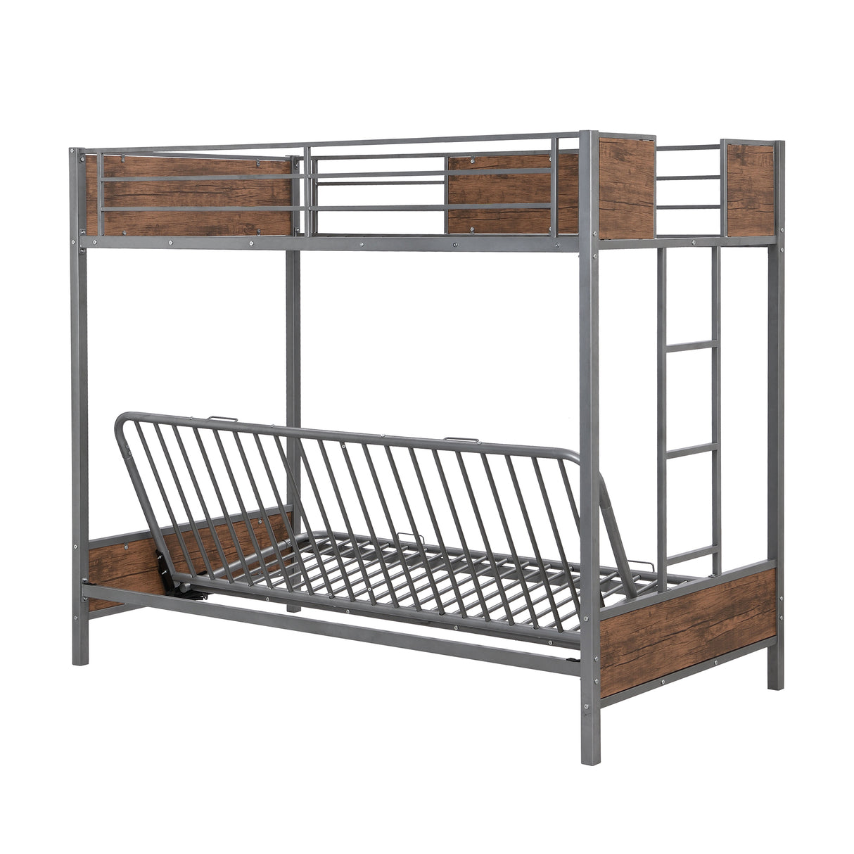 Twin-Over-Futon Bunk Bed, Metal Futon Bunk Bed Frame with Guardrails and Ladder(Gray)(OLD SKU:LP000096AAE) - Home Elegance USA