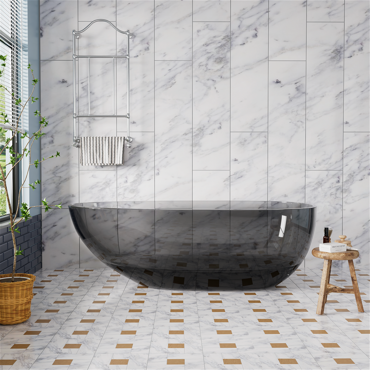 71'' Stone Resin Oval Modern Art Color Transparent Freestanding Soaking Bathtub Black Ash