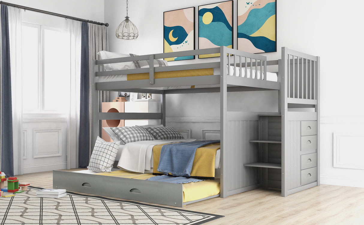 Full over Full Bunk Bed with Twin Size Trundle, Gray (old sku: LT000026AAE ) - Home Elegance USA