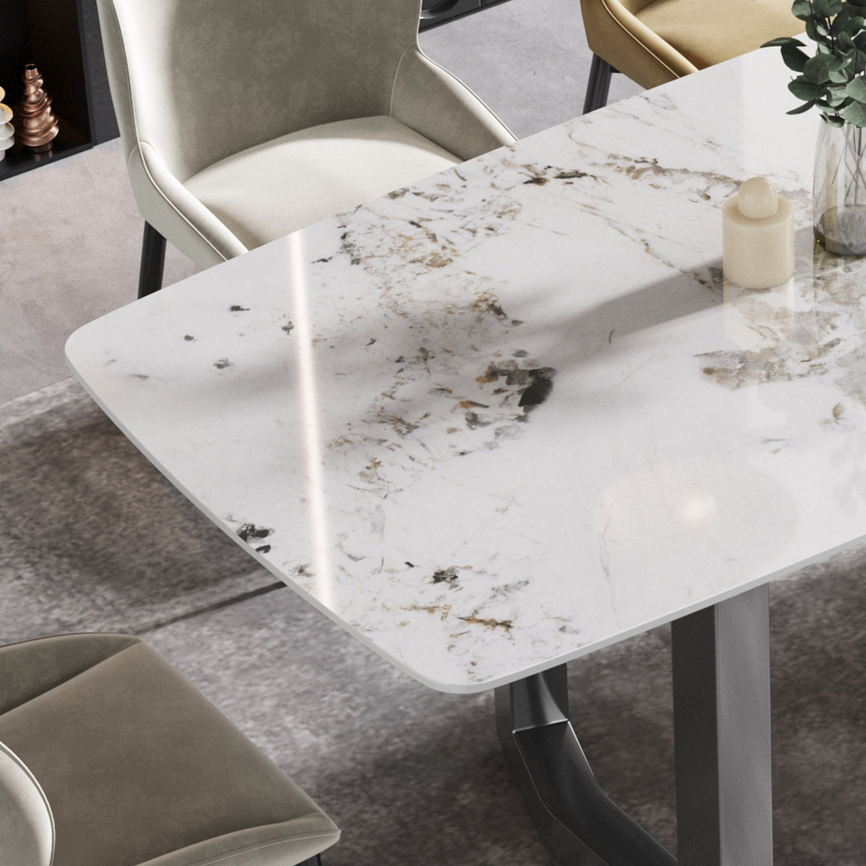 63"Modern artificial stone pandora white curved black metal leg dining table -6 people - Home Elegance USA