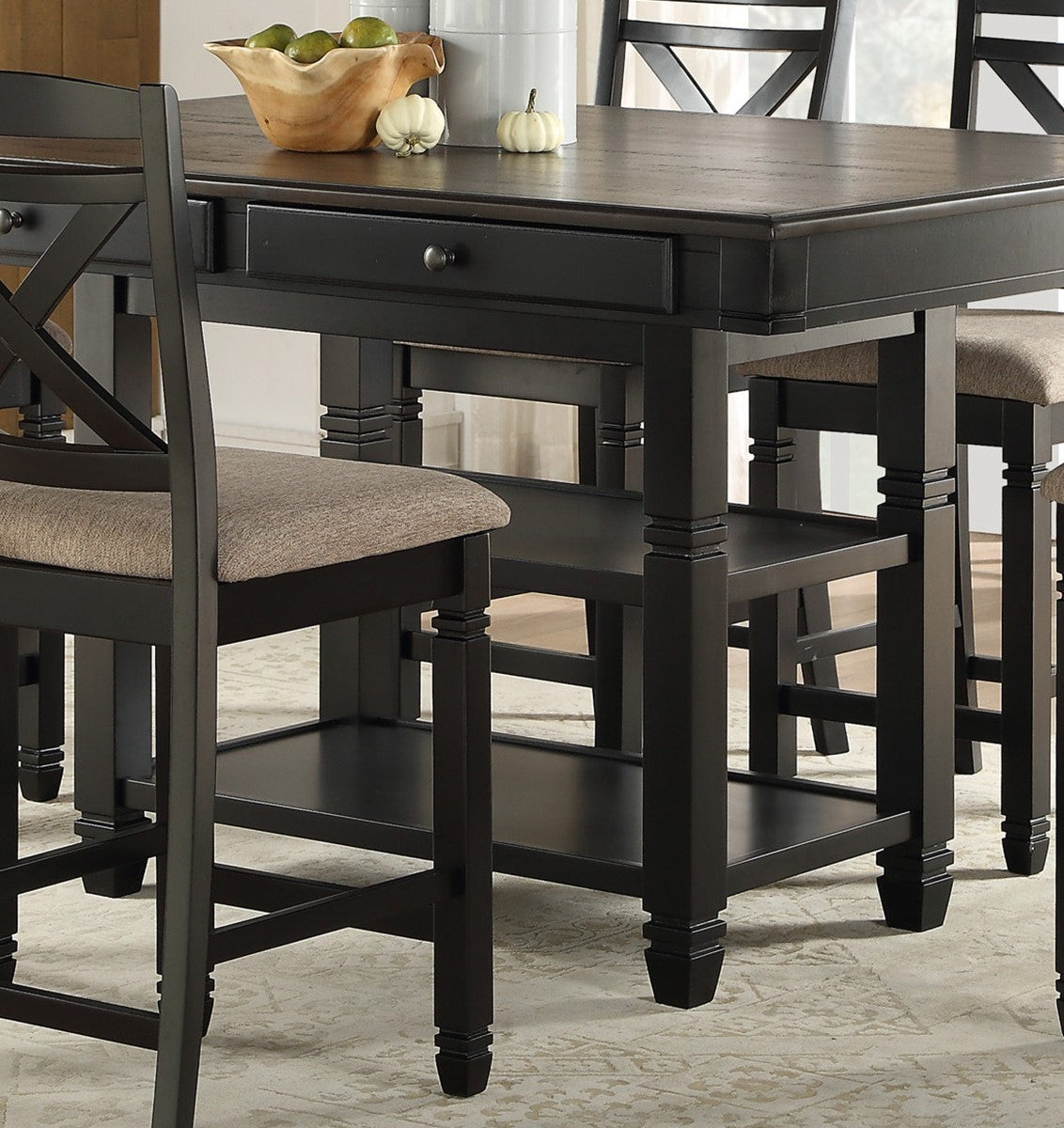 Transitional Style Counter Height Dining Set 7pc Table w Display Shelves Drawers and 6x Counter Height Chairs Black Finish Funiture - Home Elegance USA