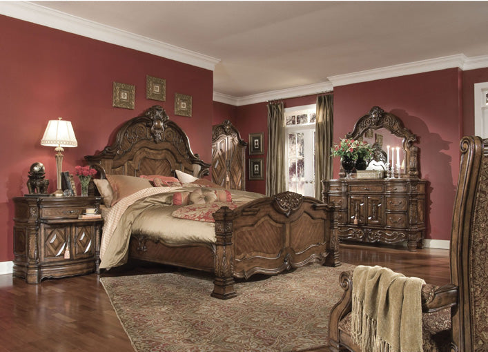 Aico Furniture - Windsor Court 4 Piece Queen Mansion Bedroom Set In Vintage Fruitwood - 70000Qnmb-54-4Set
