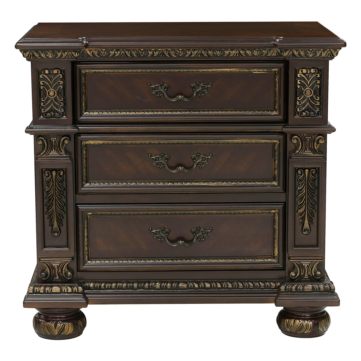 Traditional Design Dark Cherry Finish with Gold Tipping 1pc Nightstand of 3x Drawers Formal Style Bedroom Furniture - Home Elegance USA