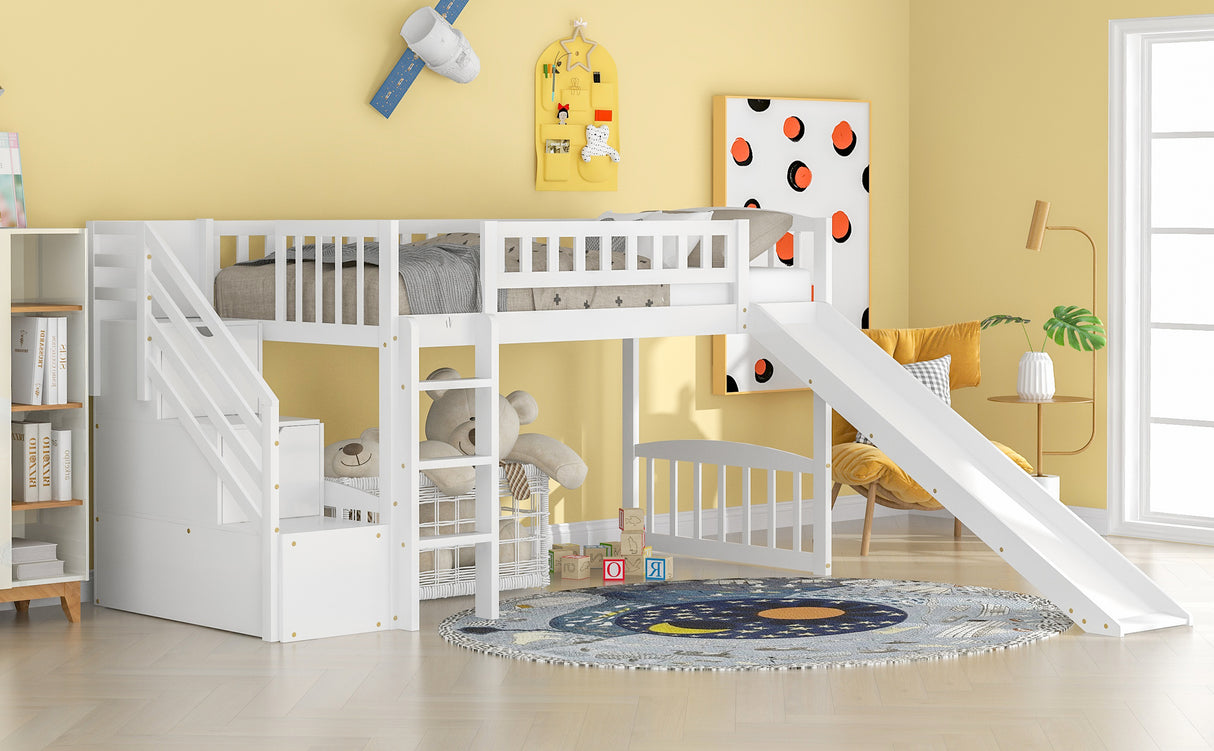 Stairway Twin Size Loft Bed with Two Drawers and Slide, White（OLD SKU:LP000515AAK） - Home Elegance USA