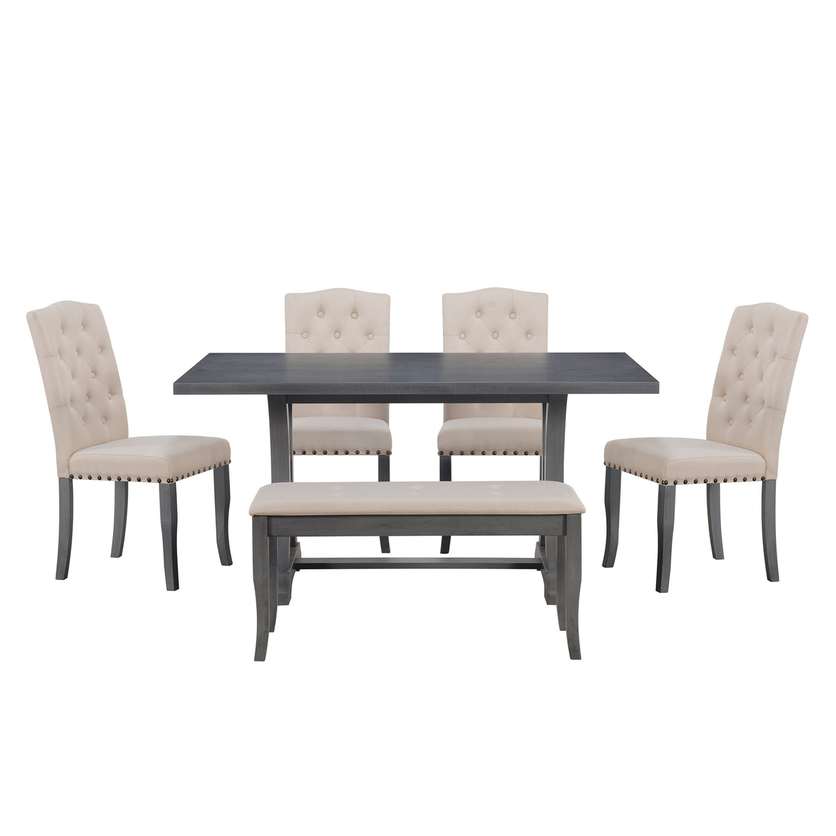 TREXM 6-Piece Farmhouse Dining Table Set, Rectangular Trestle Table and 4 Upholstered Chairs & Bench for Dining Room (Antique Gray) - Home Elegance USA