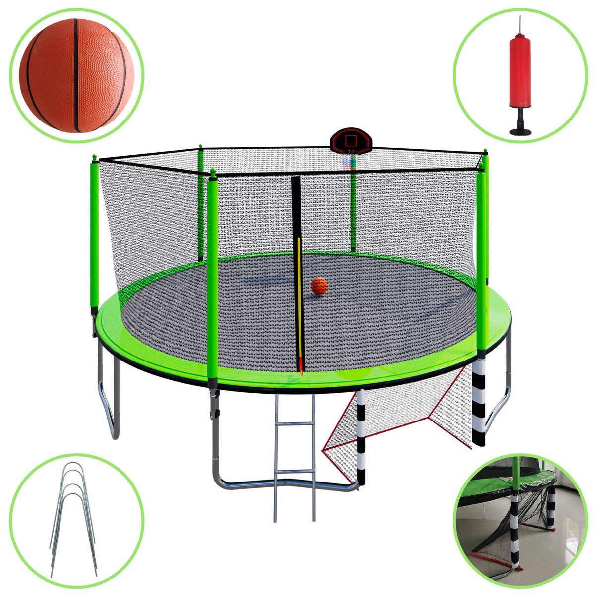 16FT Trampoline with Basketball Hoop pump and Ladder(Inner Safety Enclosure) with soccer goal Green - W550S00062 - image - 6