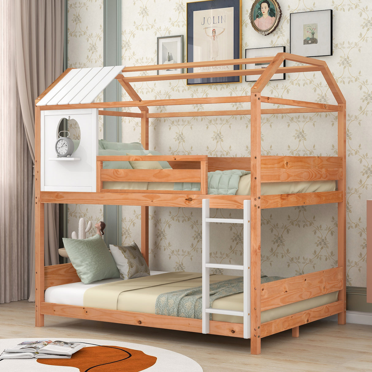 Full over Full Size House Bunk Bed with Window and Little Shelf,Full-Length Guardrail,Natural - Home Elegance USA