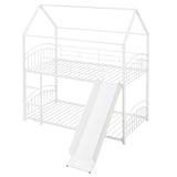 Twin Over Twin Metal Bunk Bed With Slide,Kids House Bed White - Home Elegance USA