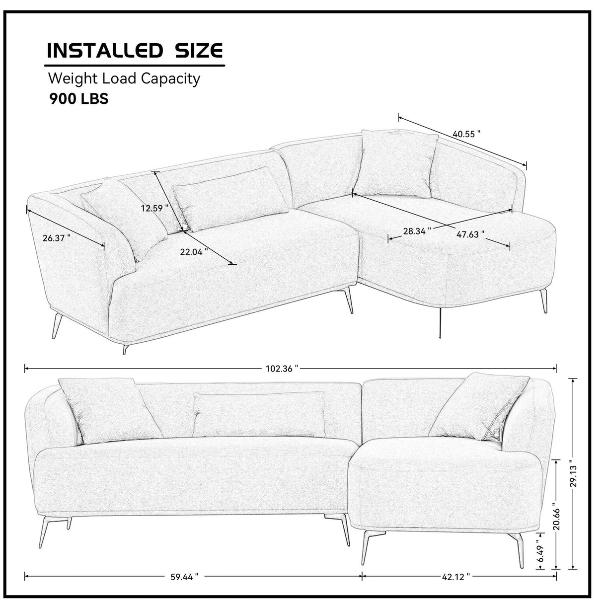 102" L shape Sectional Sofa Couch with Chaise Lounge for Living room/ Office, Metal Legs,Dark Grey - W876S00090 - image - 12