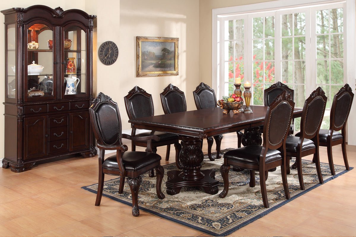 Formal Dining Room Table w Leaf 2x Arm Chairs And 6x Side Chairs Brown 9pc Set Dining Table Double Pedestal Base Royal Rectangle Table - Home Elegance USA