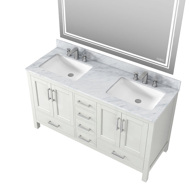 60" White Solid Wood Bathroom Vanity Set with Carrara White Natural Marble, CUPC Ceramic Sink and Three Hole Faucet Hole with Backsplash