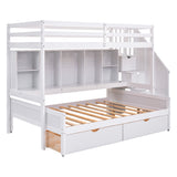 Twin XL over Full Bunk Bed with Built-in Storage Shelves, Drawers and Staircase,White - Home Elegance USA