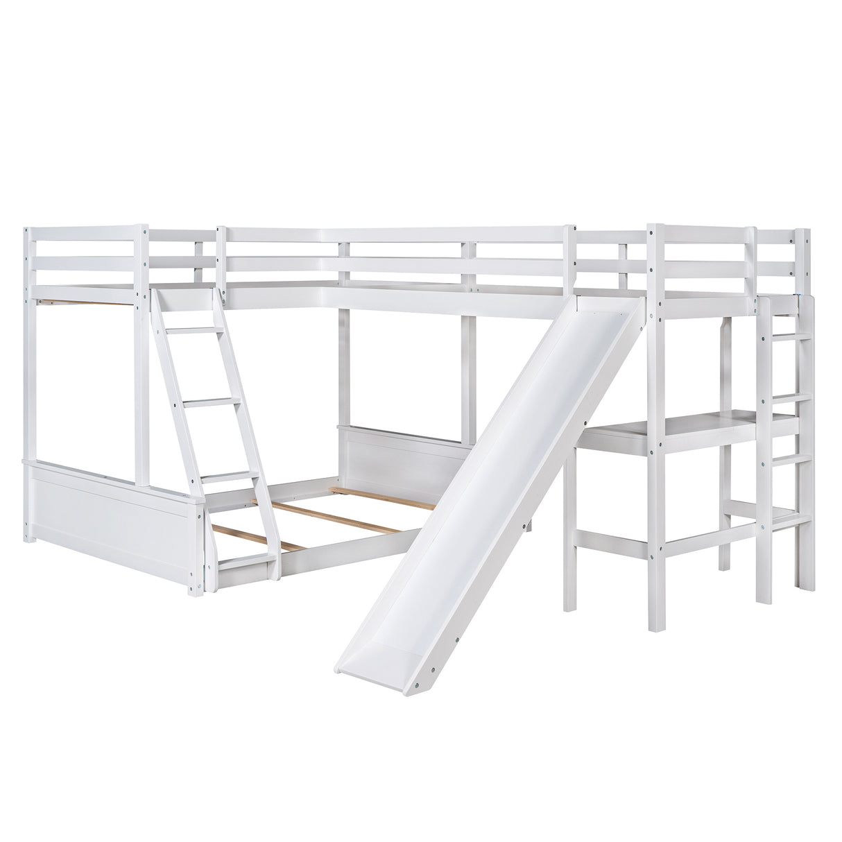 Twin over Full Bunk Bed with Twin Size Loft Bed with Desk and Slide,Full-Length Guardrail, White - Home Elegance USA