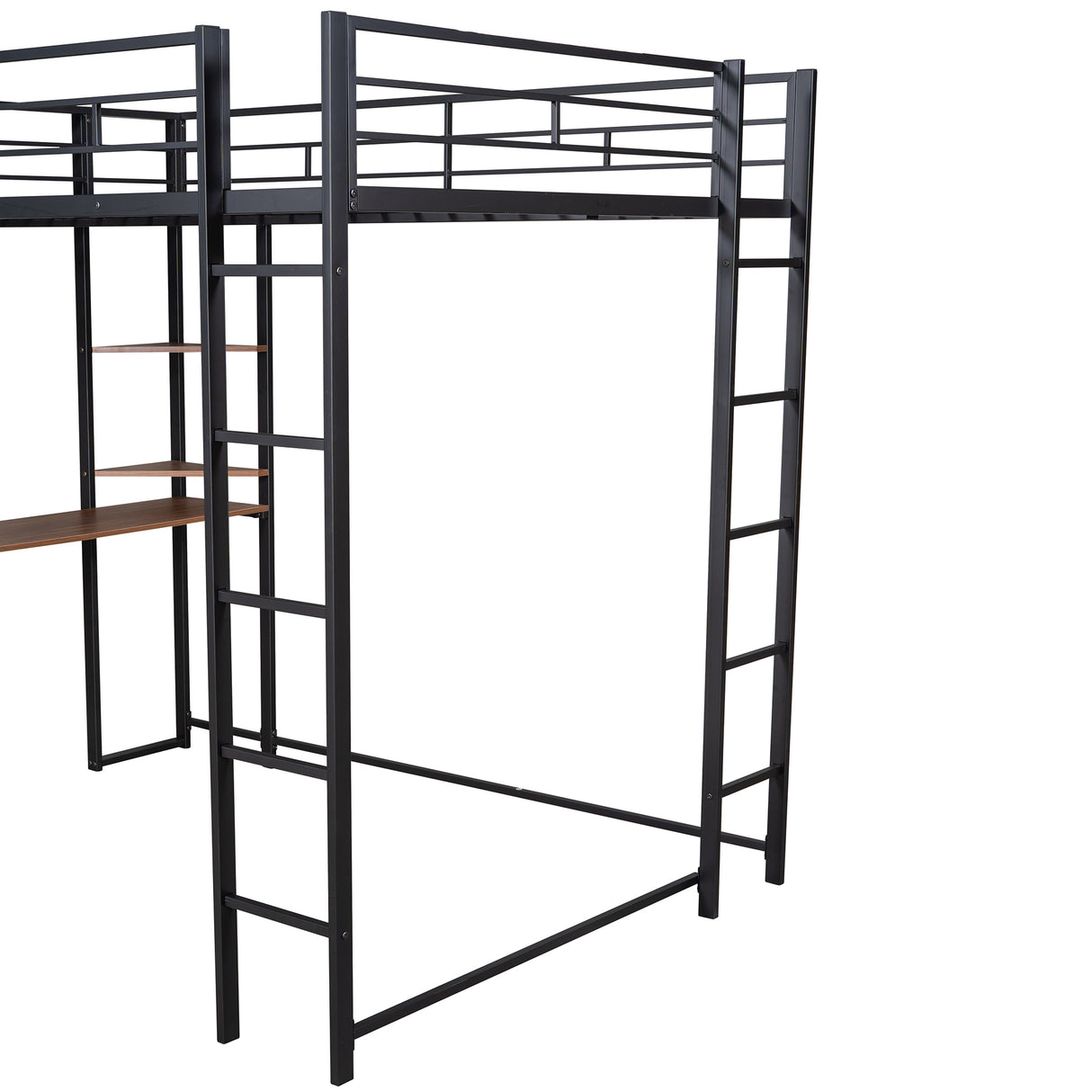 Full Size Metal Loft Bed with 2 Shelves and one Desk ,Black (Old SKU: LP000191AAB )
