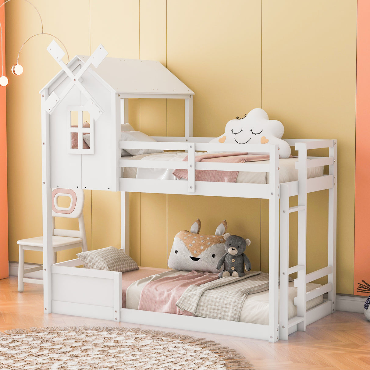 Twin over Twin Bunk Bed with Roof and Window, with Guardrails and Ladder, White - Home Elegance USA