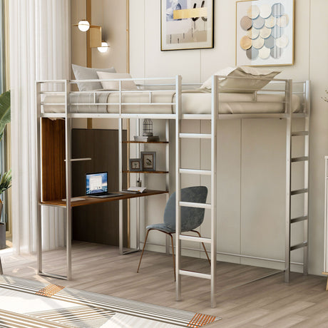 Full Size Metal Loft Bed with 2 Shelves and one Desk ,Silver (Old SKU: LP000191AAN )