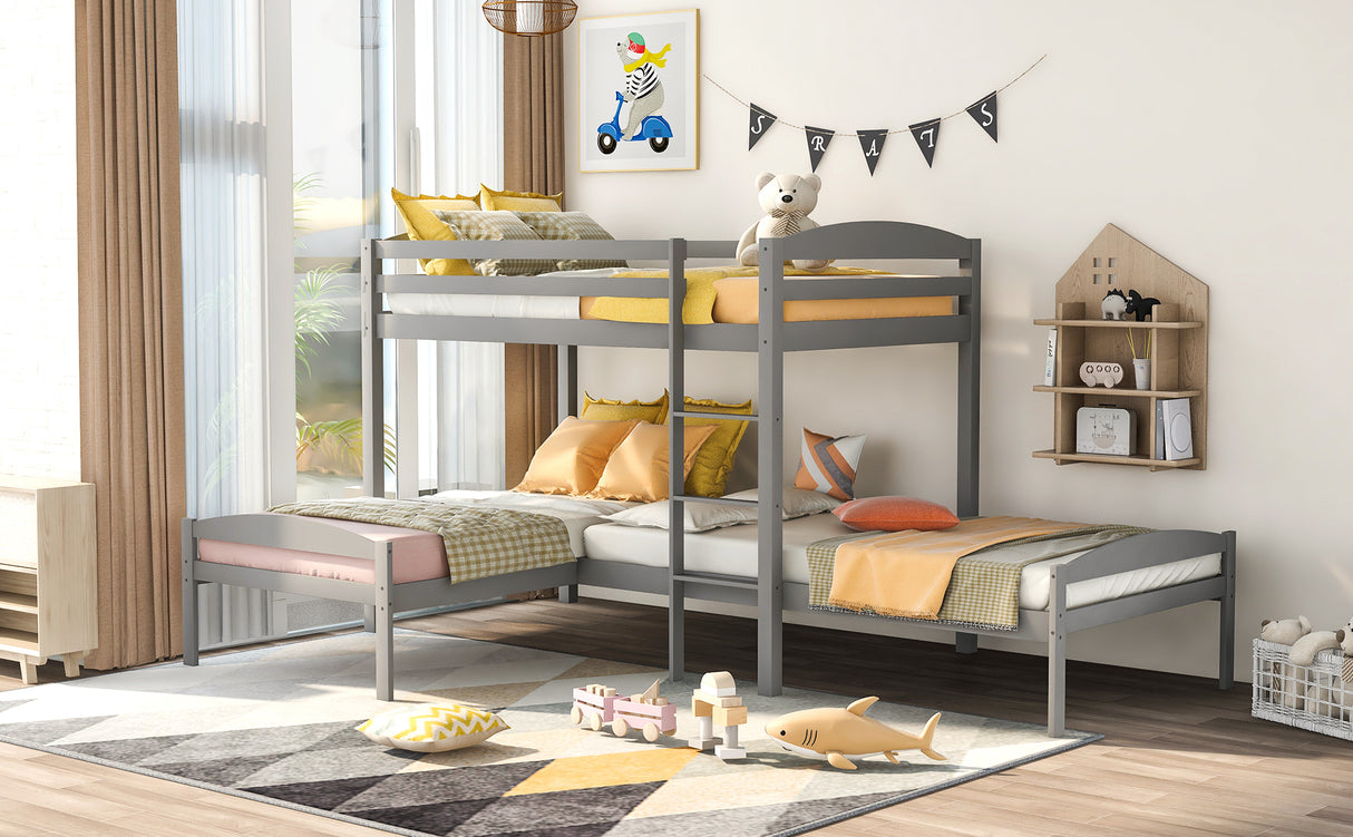 Twin over Twin over Twin Bed L-shaped Bunk Bed, Pine Wood Bed Frame, Gray - Home Elegance USA