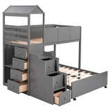 Stairway Twin Over Full Bunk Bed, House Bed with Two Shelves and Seven Drawers,Gray - Home Elegance USA