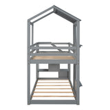 Twin Over Twin Bunk Bed with Storage Stairs,Wood Bed with Roof, Window, Guardrail, Ladder，Gray