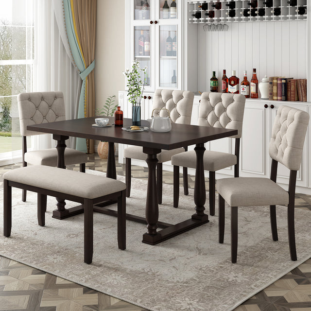 TREXM 6-Piece Dining Table and Chair Set with Special-shaped Legs and Foam-covered Seat Backs&Cushions for Dining Room (Espresso) - Home Elegance USA