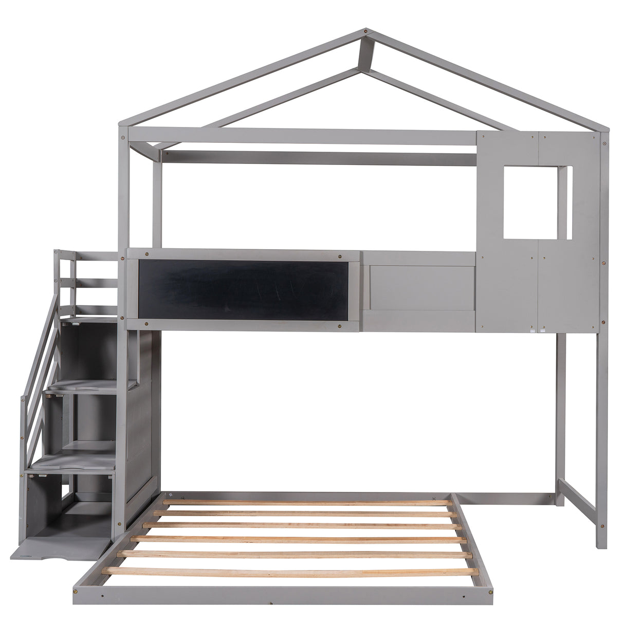 Twin over Full House Bunk Bed with Storage Staircase and Blackboard,Grey - Home Elegance USA