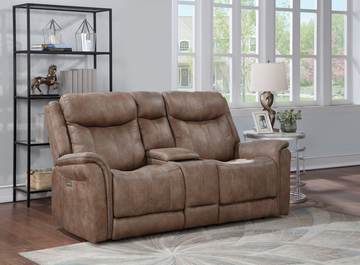 Transitional Console Loveseat - Warm Camel Faux-Suede, Power Footrest, Power Headrest - Concealed Cupholders, Built-In Console Home Elegance USA