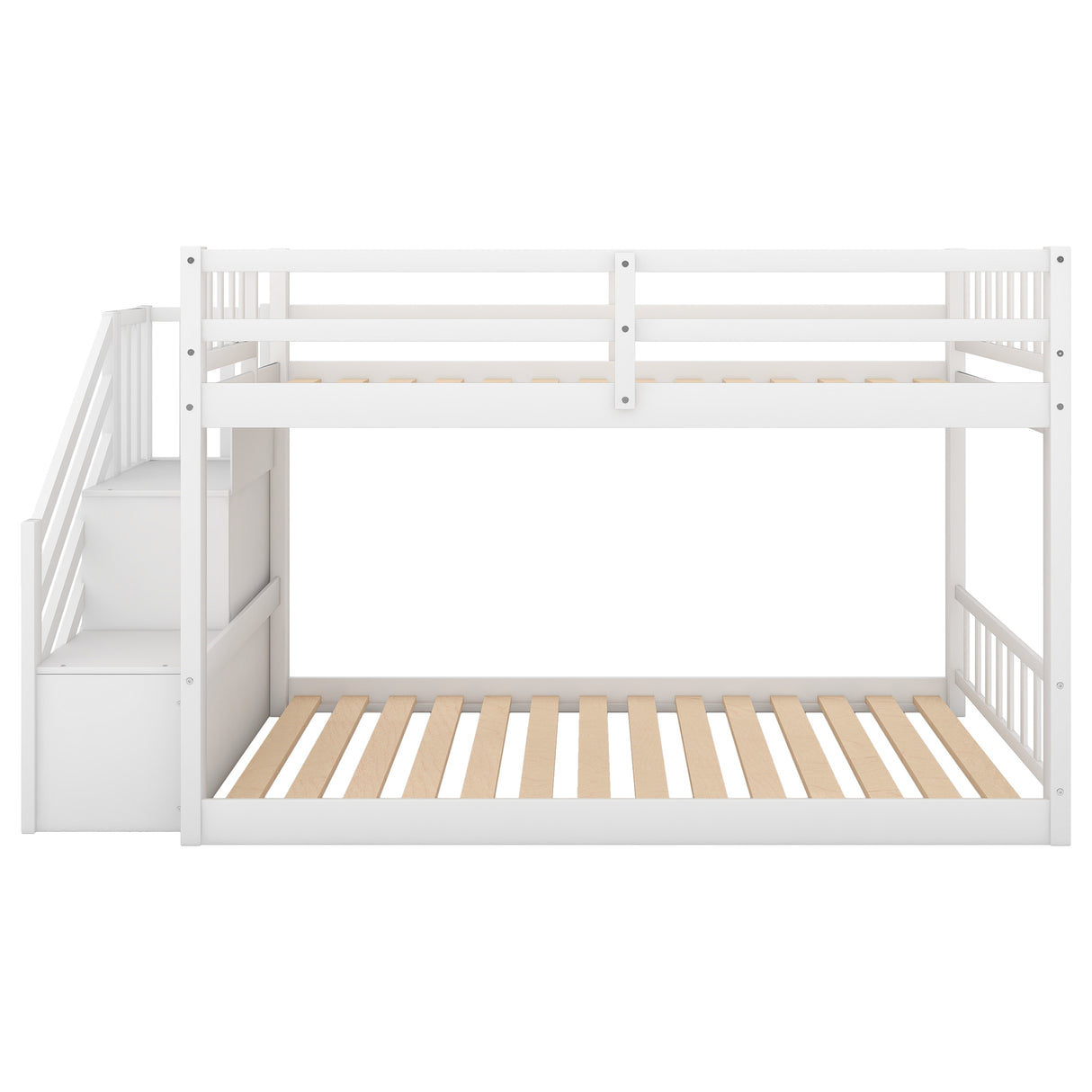 Twin over Twin Floor Bunk Bed, Ladder with Storage, White - Home Elegance USA